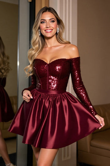 Sparkly Burgundy Corset Long Sleeves A Line Short Cocktail Dress